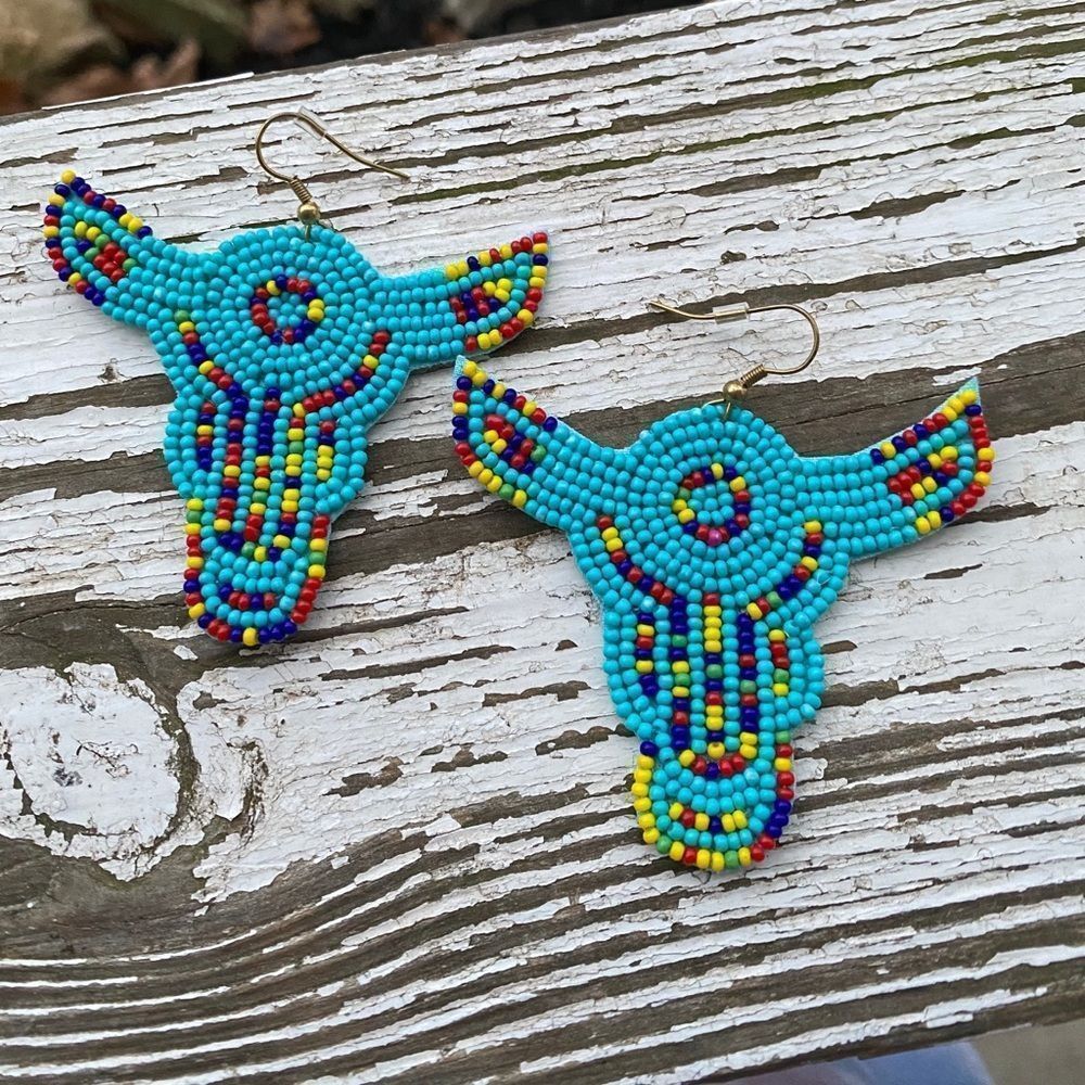 Steer Earrings Turquoise Western Beaded Co…
